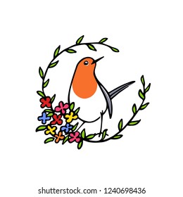 Vector card with hand drawn cute robin in floral wreath. Ink drawing, beautiful animal design elements.