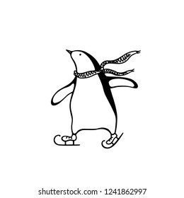 Vector card with hand drawn cute penguin skating on ice in knitted scarf. Ink drawing, funny illustration, beautiful animal design elements.