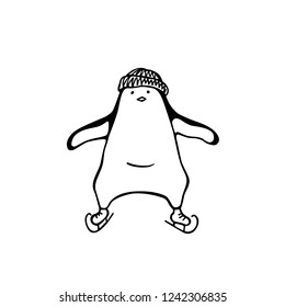 Vector card with hand drawn cute penguin awkward skating on ice in knitted hat. Ink drawing, funny illustration, beautiful animal design elements.