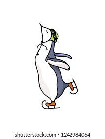 Vector card with hand drawn cute penguin gracefully skating on ice in knitted hat. Ink drawing, funny illustration, beautiful animal design elements.