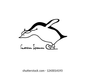 Vector card with hand drawn cute penguin skating on ice in ear-flapped hat. Ink drawing, funny illustration, beautiful animal design elements.