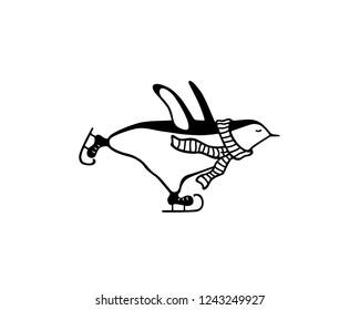 Vector card with hand drawn cute penguin skating on ice in striped scarf. Ink drawing, funny illustration, beautiful animal design elements.