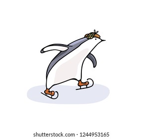 Vector card with hand drawn cute penguin skating on ice in ear-flapped hat. Ink drawing, funny illustration, beautiful animal design elements.