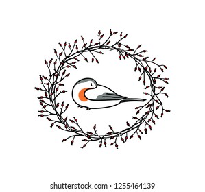 Vector card with hand drawn cute sleeping robin in floral wreath. Ink drawing, beautiful animal design elements.