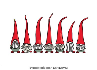 Vector card with hand drawn cute Scandinavian gnomes in high red caps. Ink drawing, funny illustration, beautiful design elements.