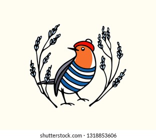 Vector card with hand drawn cute robin in traditional parisian outfit in floral wreath. Ink drawing, beautiful animal design elements.