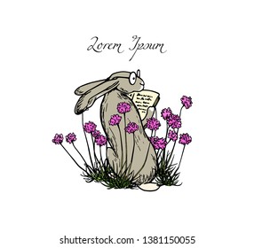 Vector card with hand drawn cute hare reading a book in pink flowers made with ink. Perfect design elements, beautiful animal illustration