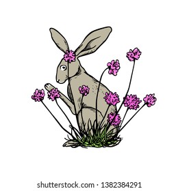 Vector card with hand drawn cute hare sitting in pink flowers made with ink. Perfect design elements, beautiful animal illustration