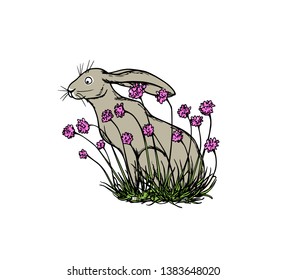 Vector card with hand drawn cute hare sitting in pink flowers made with ink. Perfect design elements, beautiful animal illustration