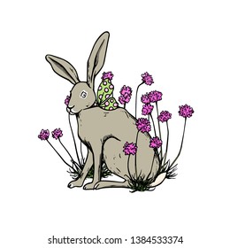 Vector card with hand drawn cute hare sitting in pink flowers made with ink. Perfect design elements, beautiful animal illustration