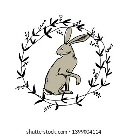 Vector card with hand drawn cute hare in floral wreath. Perfect design elements, ink drawing, beautiful animal illustration