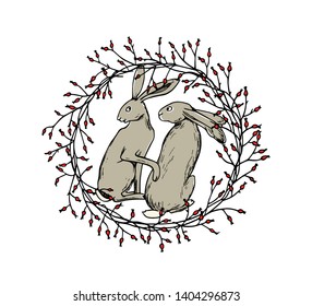 Vector card with hand drawn cute hares in barberry wreath. Perfect design elements, ink drawing, beautiful animal illustration