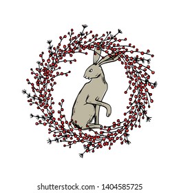 Vector card with hand drawn cute hare in red berries wreath. Perfect design elements, ink drawing, beautiful animal illustration
