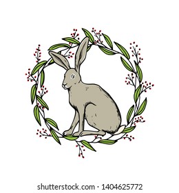 Vector card with hand drawn cute hare in floral wreath. Perfect design elements, ink drawing, beautiful animal illustration