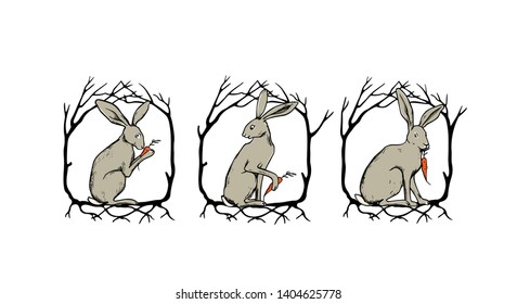Vector card with hand drawn cute hares with carrots in floral wreath. Perfect design elements, ink drawing, beautiful animal illustration