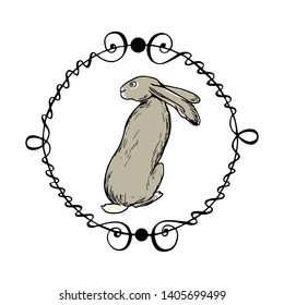 Vector card with hand drawn cute hare in vintage frame. Perfect design elements, ink drawing, beautiful animal illustration