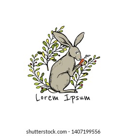 Vector card with hand drawn cute hare with carrot in floral wreath. Perfect design elements, ink drawing, beautiful animal illustration