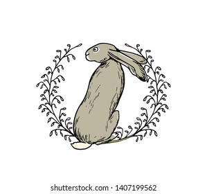 Vector card with hand drawn cute hare in floral wreath. Perfect design elements, ink drawing, beautiful animal illustration