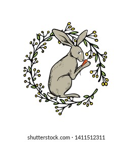Vector card with hand drawn cute hare with carrot in floral wreath. Perfect design elements, ink drawing, beautiful animal illustration