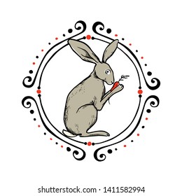 Vector card with hand drawn cute hare with carrot in vintage frame. Perfect design elements, ink drawing, beautiful animal illustration