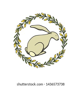 Vector card with hand drawn cute hare in floral wreath. Perfect design elements, ink drawing, beautiful animal illustration
