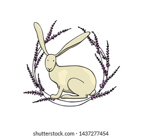 Vector card with hand drawn cute hare in lavender wreath. Perfect design elements, ink drawing, beautiful animal illustration