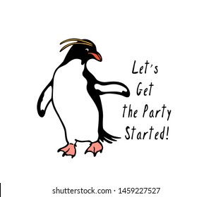 Vector card with hand drawn cute dancing Macaroni penguin. Ink drawing, funny illustration, beautiful animal design elements.