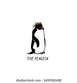Vector card with hand drawn cute Macaroni penguin. Ink drawing, funny illustration, beautiful animal design elements.