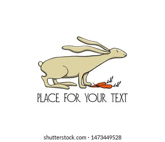 Vector card with hand drawn cute hare with juicy carrots. Ink drawing, beautiful Easter illustration, animal design elements.