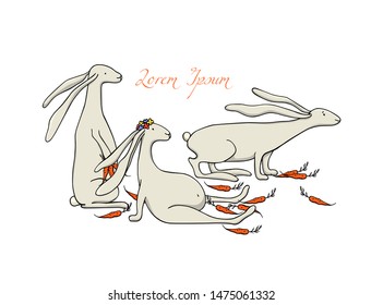 Vector card with hand drawn cute hares with juicy carrots. Ink drawing, beautiful Easter illustration, animal design elements.