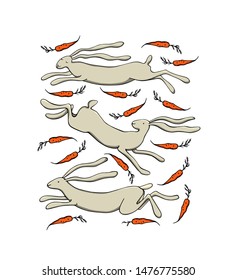 Vector card with hand drawn cute hares with juicy carrots. Ink drawing, beautiful Easter illustration, animal design elements.