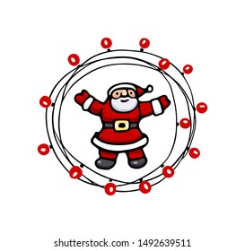 Vector card with hand drawn cute Santa Claus in festive garland. Beautiful Christmas design elements, lovely character