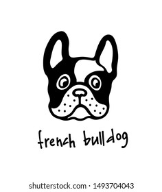 Vector card with hand drawn cute French bulldog's head. Ink drawing, graphic style, heavy contour. Beautiful animal design elements.