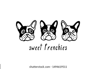 Vector card with hand drawn cute French bulldog's heads. Ink drawing, graphic style, heavy contour. Beautiful animal design elements.