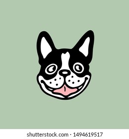 Vector card with hand drawn cute French bulldog's head. Ink drawing, graphic style, heavy contour. Beautiful animal design elements.
