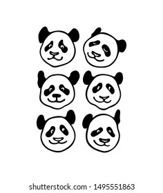 Vector card with hand drawn cute Panda's heads. Ink drawing, graphic style, heavy contour. Beautiful animal design elements.