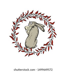 Vector card with hand drawn cute hare reading a book in autumn floral wreath. Perfect design elements, ink drawing, beautiful animal illustration