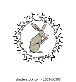 Vector card with hand drawn cute hare with carrot in floral wreath. Perfect design elements, ink drawing, beautiful animal illustration