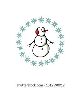 Vector card with hand drawn cute snowman in festive garland. Beautiful Christmas design elements, lovely character