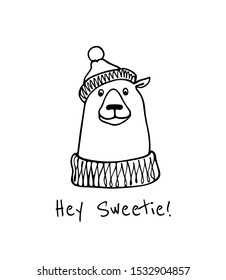Vector card with hand drawn cute polar bear in knitted hat and a sweater. Perfect design elements, animal illustration, ink drawing. 