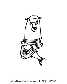 Vector card with hand drawn cute polar bear in Parisian outfit with a fish. Perfect design elements, animal illustration, ink drawing. Logo template