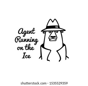 Vector Card With Hand Drawn Cute Polar Bear In Secret Agent Or Spy Appearance, With Hat On And Suspicious Look. Perfect Design Elements, Funny Character Illustration, Ink Drawing. 