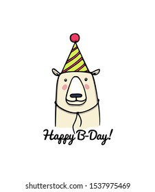Vector card with hand drawn cute polar bear in Birthday cone hat. Perfect design elements, animal illustration, ink drawing. Logo template
