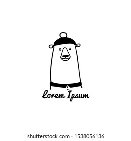 Vector card with hand drawn cute polar bear in elegant outfit. Perfect design elements, animal illustration, ink drawing. Logo template