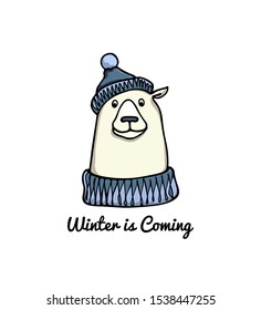 Vector card with hand drawn cute polar bear in knitted hat and a sweater. Perfect design elements, animal illustration, ink drawing. 