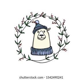 Vector card with hand drawn cute polar bear in knitted hat and a sweater in floral wreath. Perfect design elements, animal illustration, ink drawing. 