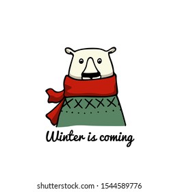 Vector card with hand drawn cute polar bear in knitted hat and a sweater. Perfect design elements, animal illustration, ink drawing. 