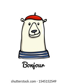 Vector card with hand drawn cute polar bear in Parisian outfit. Perfect design elements, animal illustration, ink drawing. Logo template