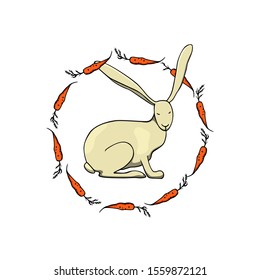 Vector card with hand drawn cute hare surrounded by juicy carrots. Ink drawing, beautiful Easter illustration, animal design elements.