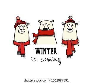 Vector card with hand drawn cute polar bears in knitted hats and scarves. Perfect design elements, animal illustration, ink drawing. 